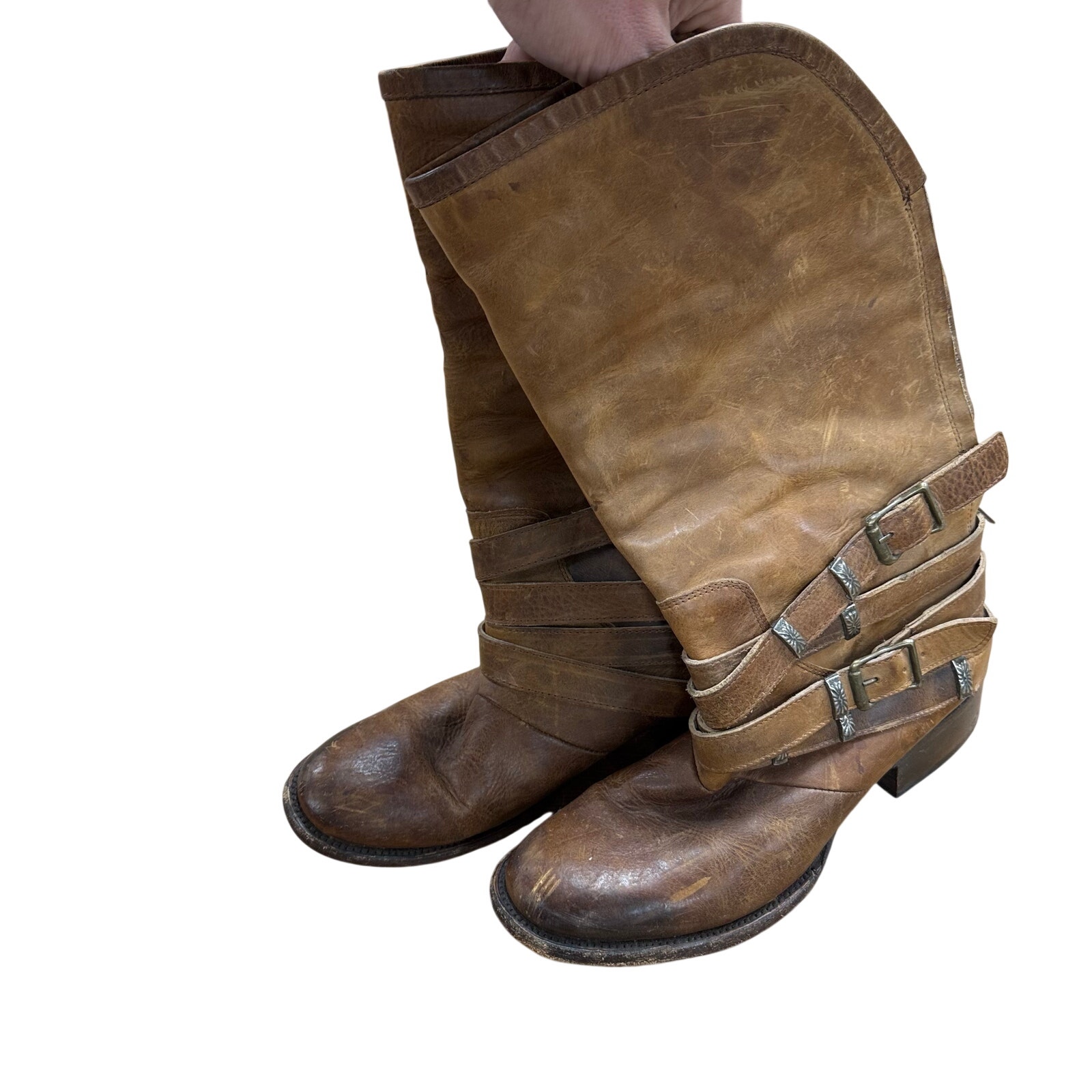 Freebird By Steven Drove Rare Distressed Leather Strappy Buckle Boots Size 9